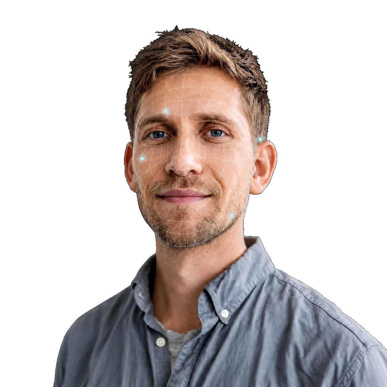 Portrait with facial landmark mapping used to illustrate the SciMatch analysis