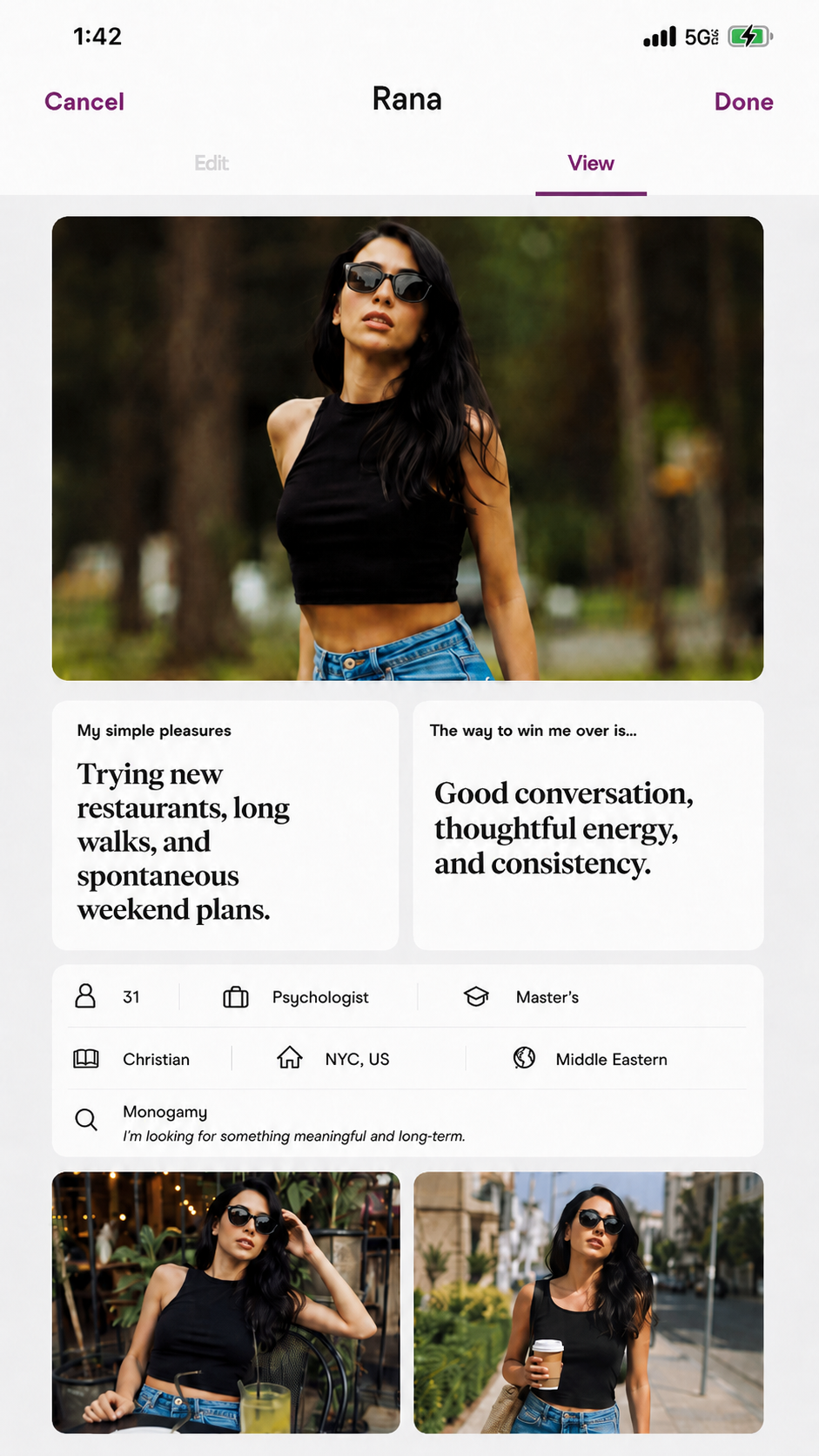 Hinge profile screenshot reviewed for photos, prompts, and match signals