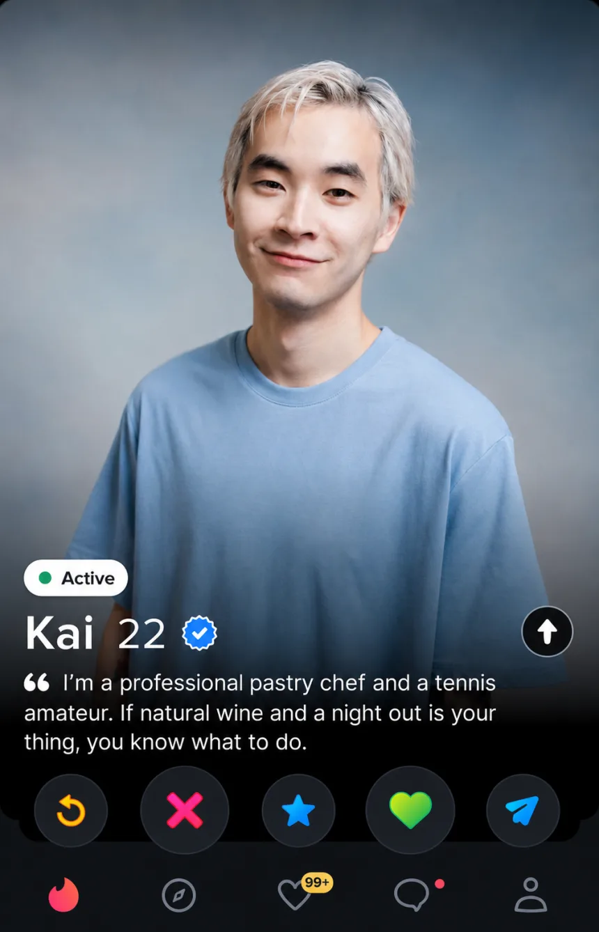 Tinder profile screenshot reviewed for photos, bio, and match signals