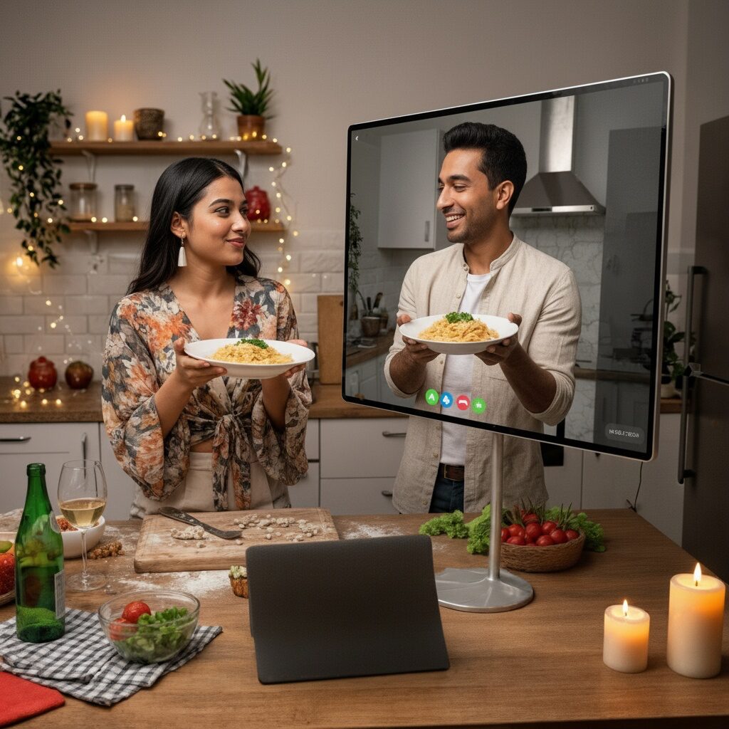 Couple laughing on a video call during an online speed dating session—virtual date ideas, speed dating app.