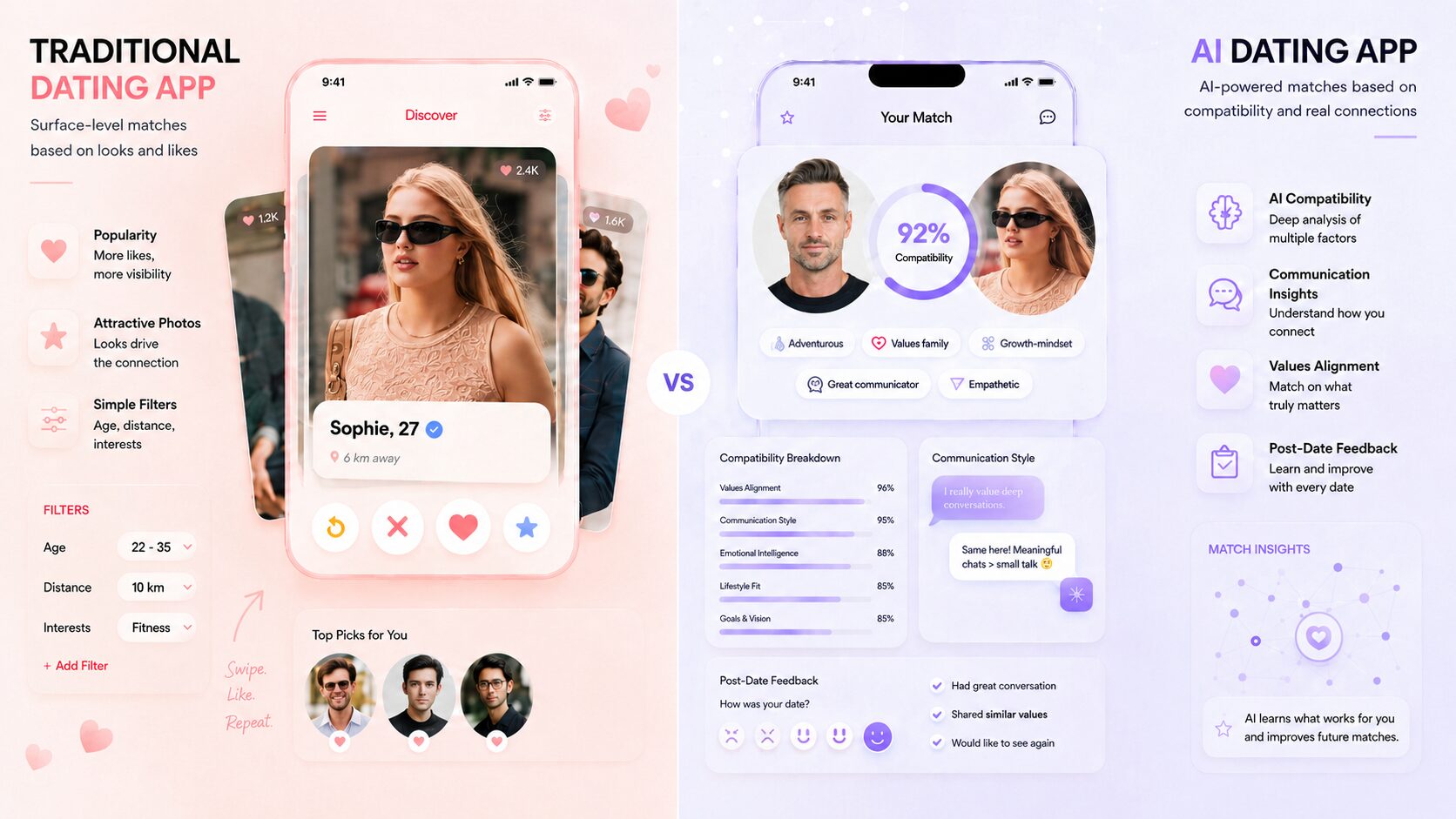 AI powered dating app comparing traditional dating algorithms with compatibility-based AI matchmaking