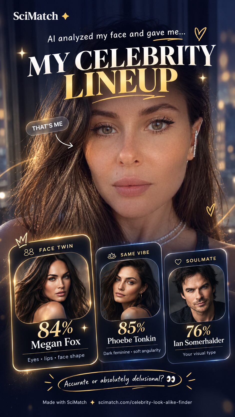 SciMatch poster showing a selfie with sample celebrity face, vibe, and soulmate match cards