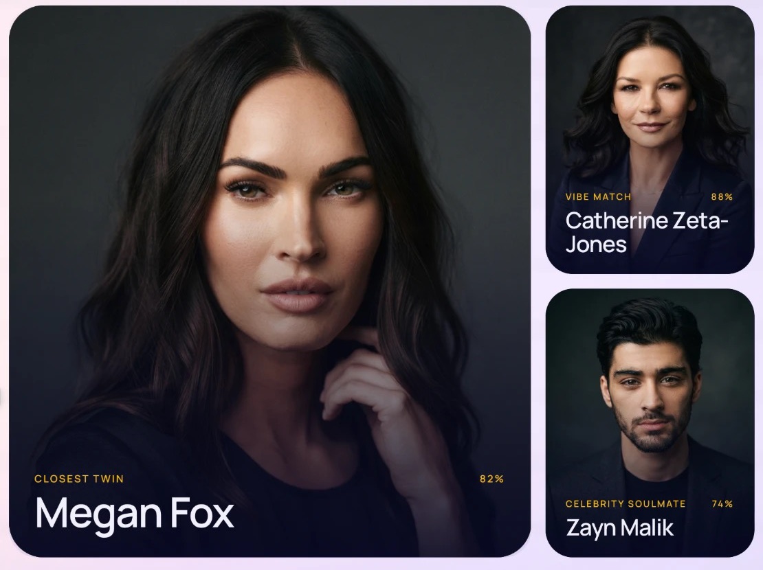 SciMatch celebrity lookalike finder result showing a closest twin, a vibe match and a celebrity soulmate with match percentages