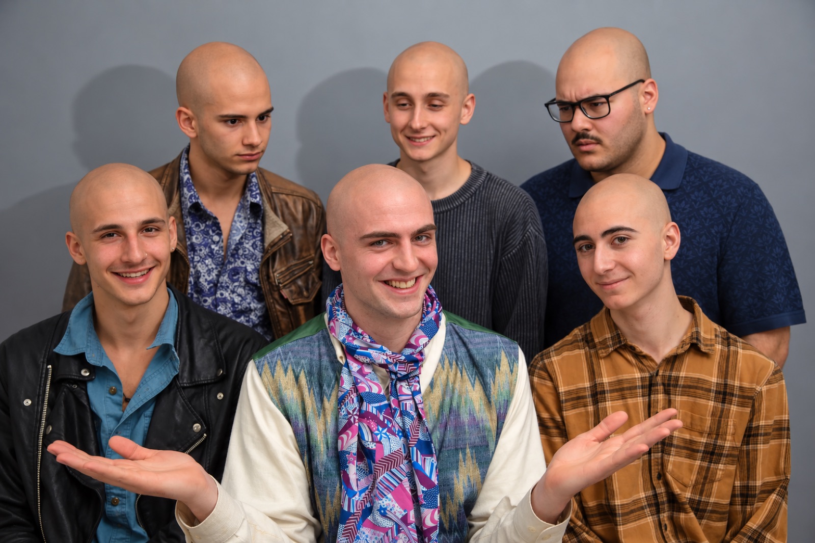 The six Timothée Chalamet lookalike contestants, AI-altered illustration with hair removed