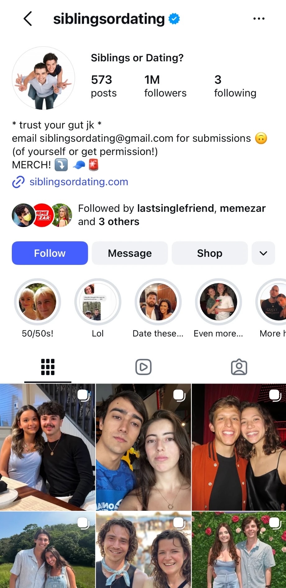 Siblings or Dating? Instagram feed showing photo pairs of couples and siblings that look alike
